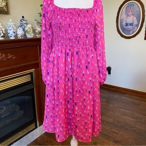 White Birch Boutique • Pink Smocked Cactus Print Midi Dress • Size XL • EUC